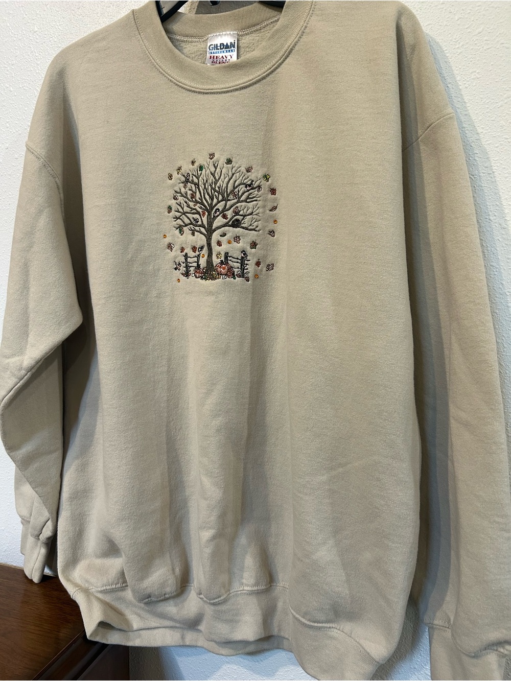 Gildan Tan Crewneck Sweatshirt with Embroidered Tree